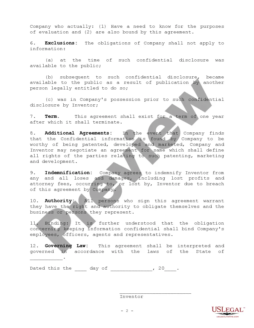 Preview Promoter to Inventor Confidentiality Agreement