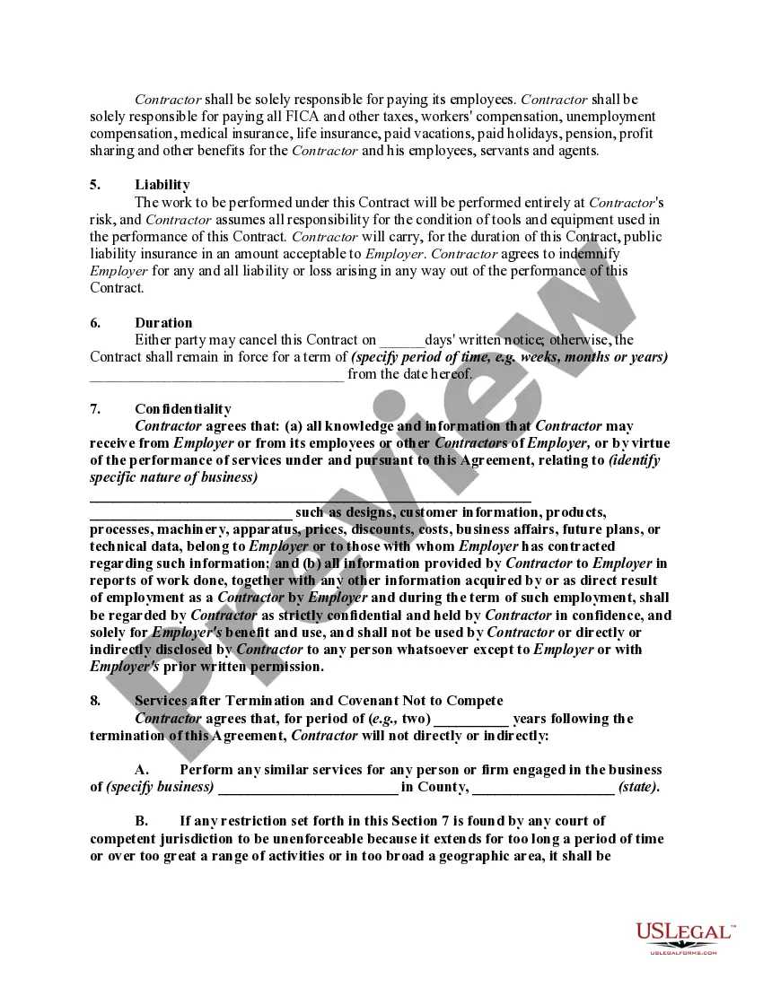 Get Contract with Independent Contractor with Confidentiality Agreement and Covenant Not to Compete Preview Contract with Independent Contractor with Confidentiality Agreement and Covenant Not to Compete
