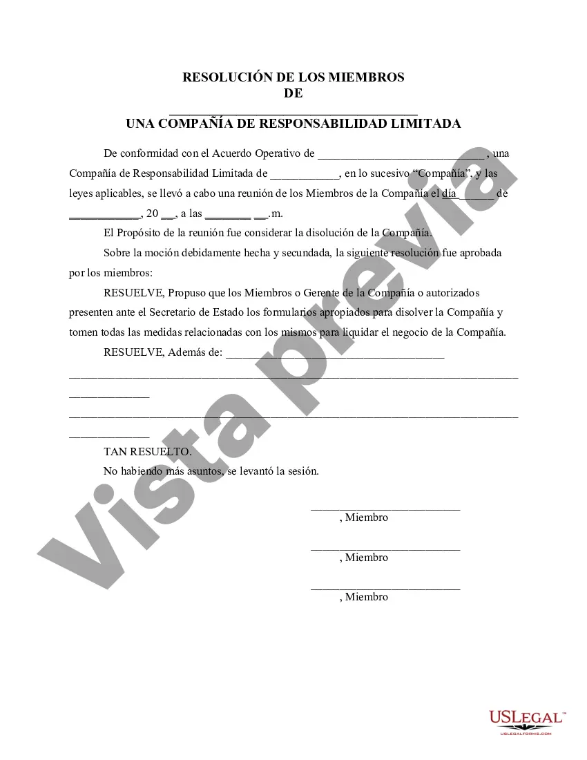 Preview Resolución de la reunión de miembros de la LLC para disolver la empresa