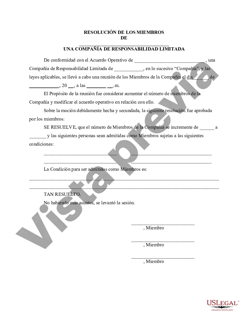 Preview Resolución de la reunión de miembros de la LLC para aumentar el número de miembros y especificar las condiciones de membresía