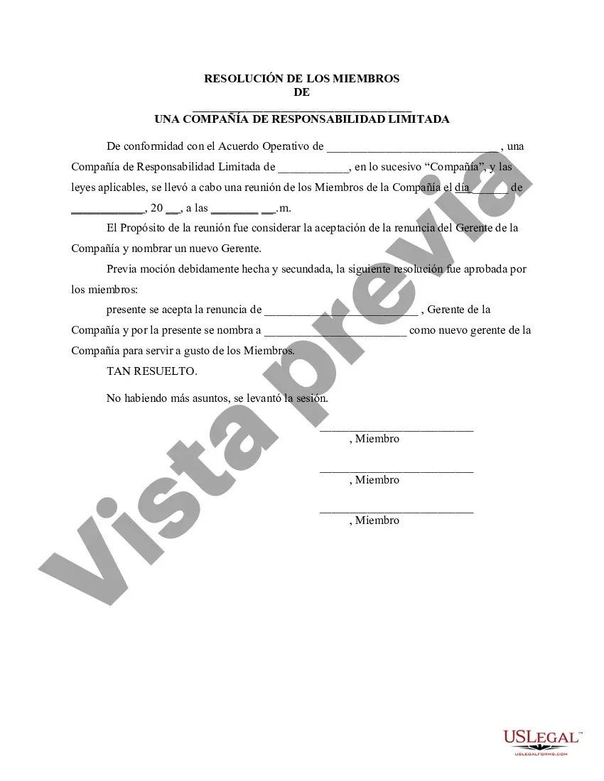 Preview Resolución de la reunión de miembros de la LLC para aceptar la renuncia del gerente de la empresa y nombrar un nuevo gerente