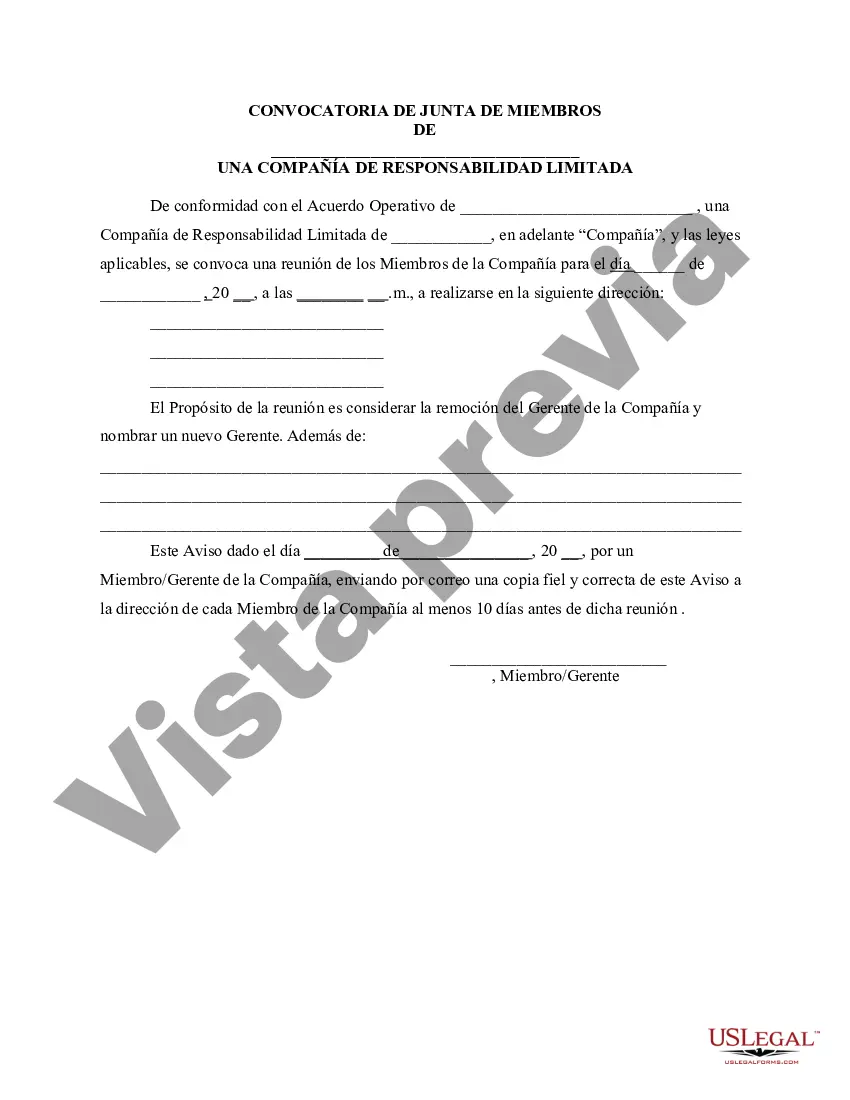 Preview Aviso de reunión de miembros de la LLC para considerar la eliminación del gerente de la empresa y nombrar un nuevo gerente