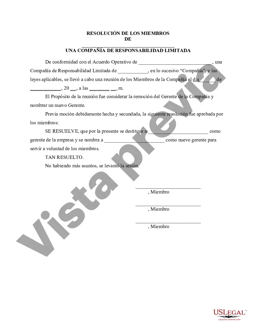 Preview Resolución de la reunión de miembros de la LLC para destituir al gerente de la empresa y nombrar un nuevo gerente