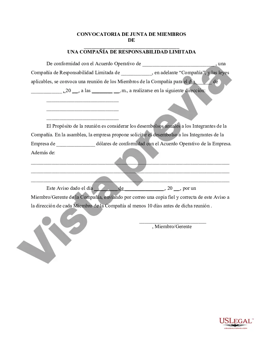 Preview Aviso de reunión de miembros de la LLC para considerar los desembolsos anuales a los miembros de la empresa