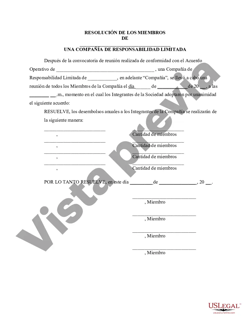 Preview Resolución de la reunión de los miembros de la LLC para especificar el monto de los desembolsos anuales a los miembros de la empresa