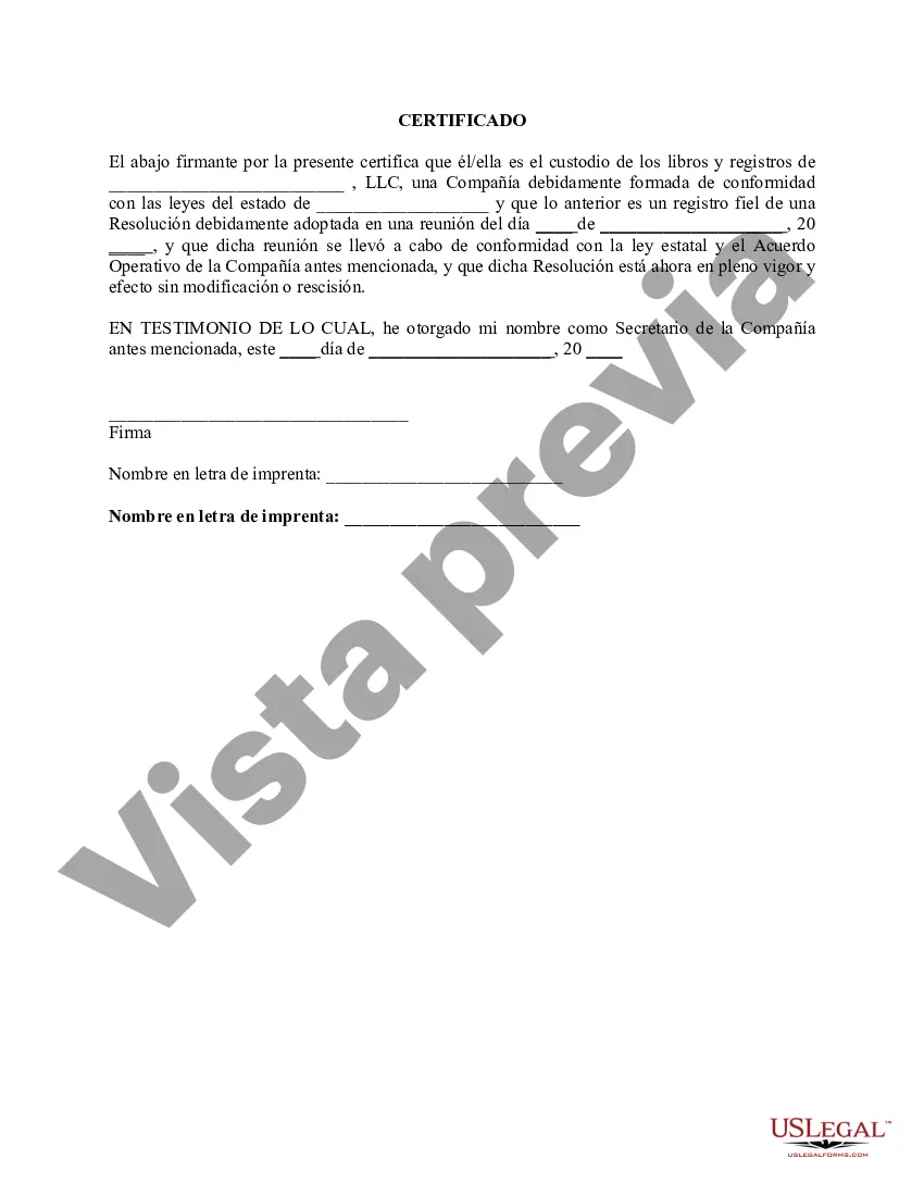 Preview Resolución de la reunión de miembros de la LLC para aceptar la renuncia del funcionario de la empresa