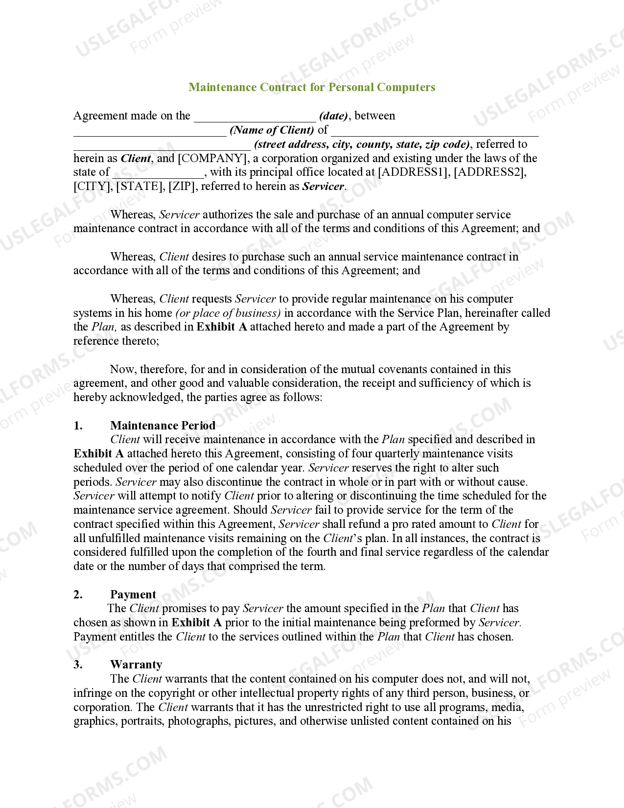 Maintenance Contract for Personal Computers | US Legal Forms