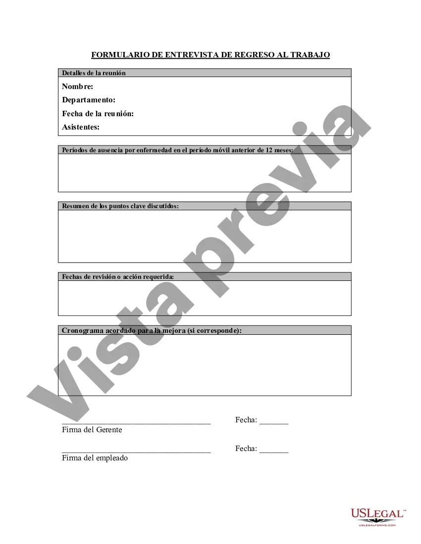 Preview Formulario de entrevista de regreso al trabajo