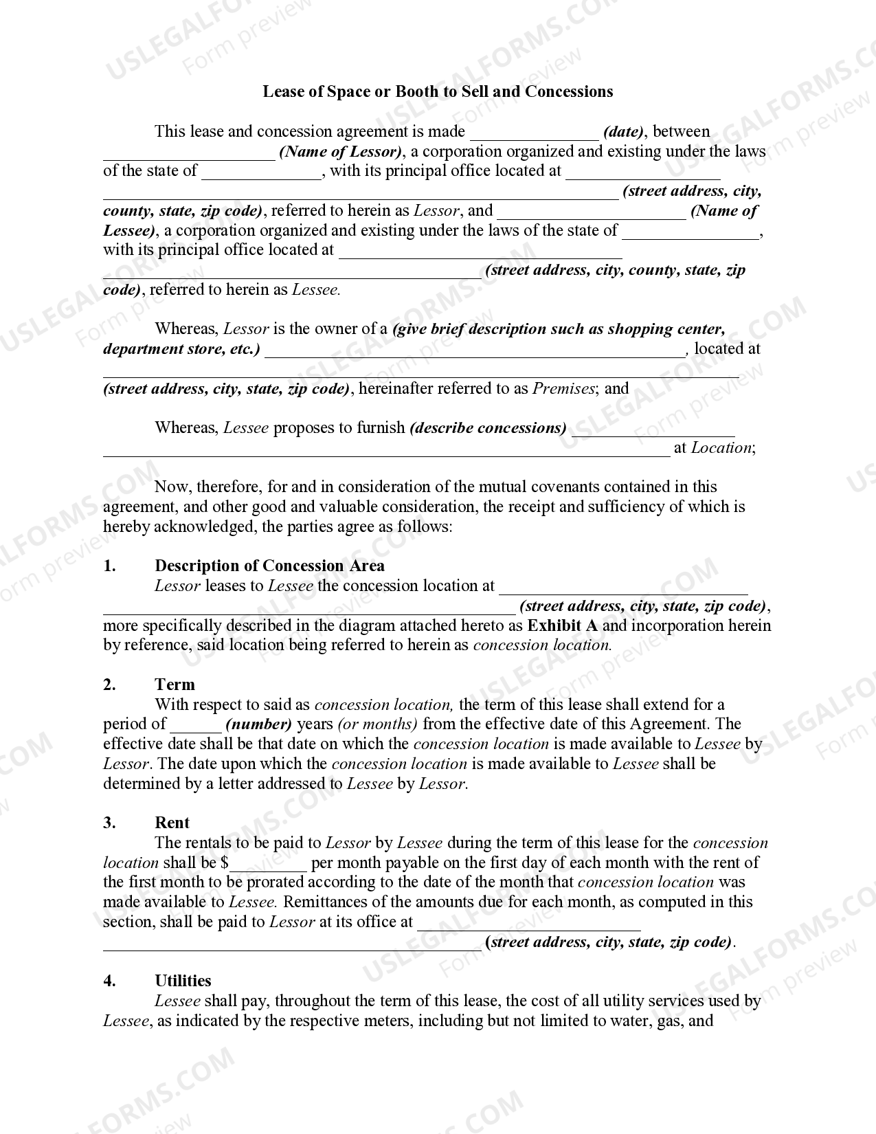 Lease of Space or Booth to Sell and Concessions US Legal Forms