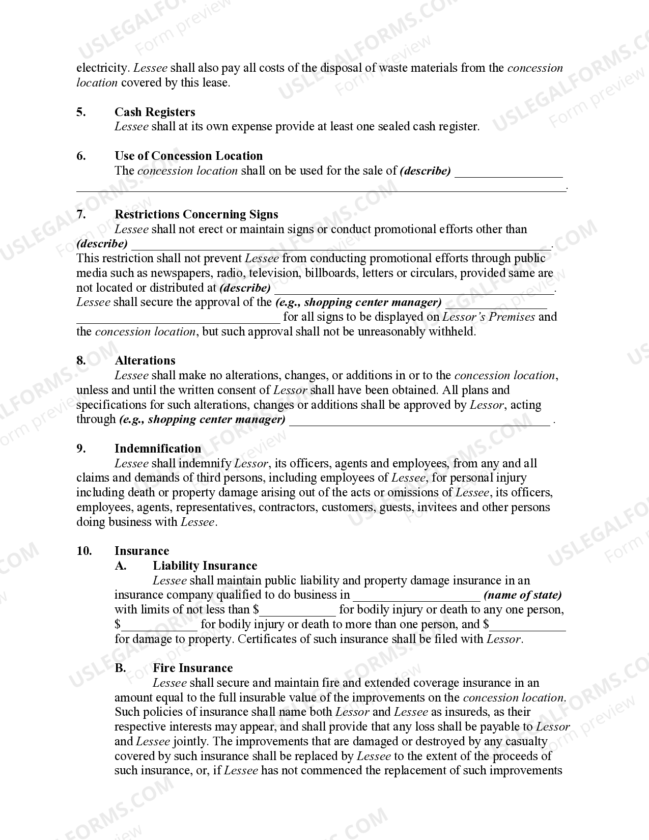 Lease of Space or Booth to Sell and Concessions US Legal Forms