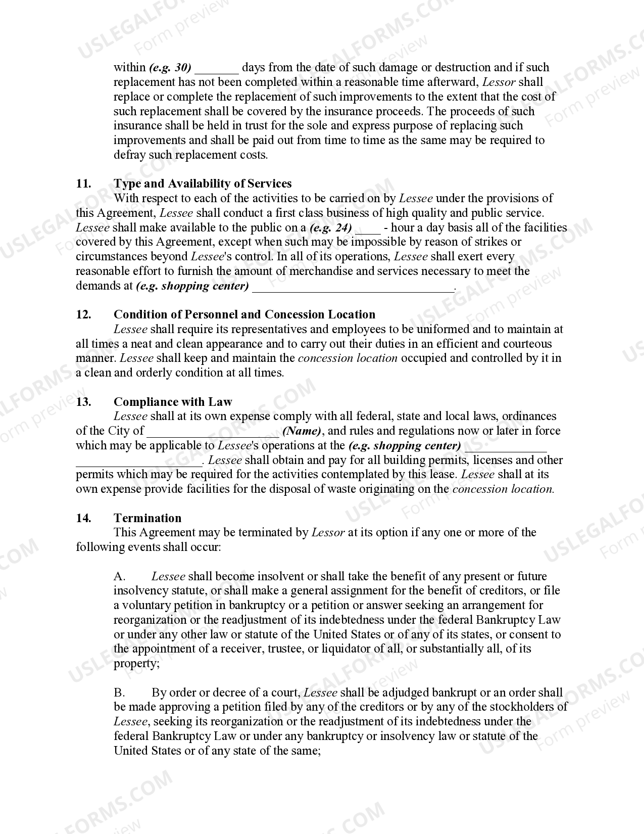 Lease of Space or Booth to Sell and Concessions US Legal Forms