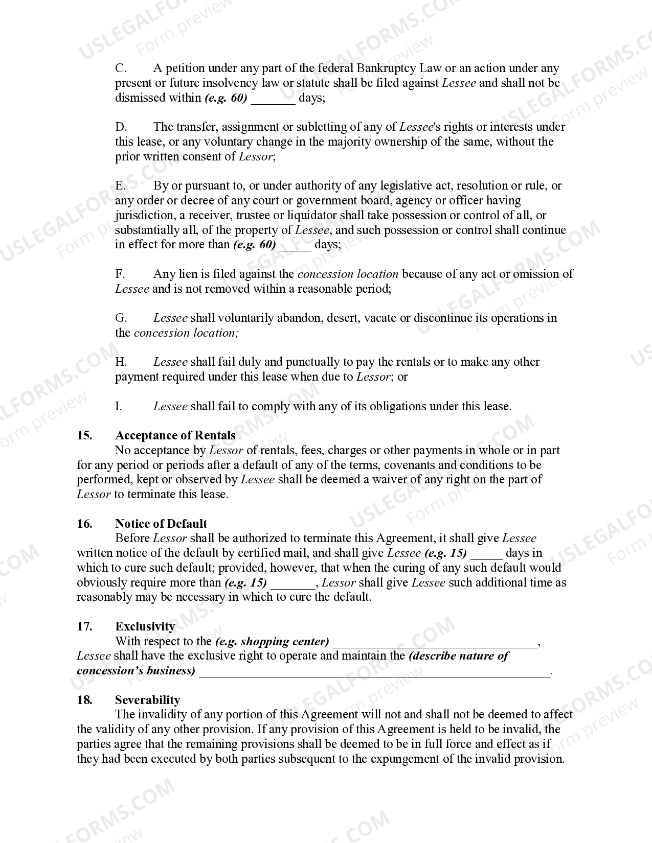 Lease of Space or Booth to Sell and Concessions US Legal Forms