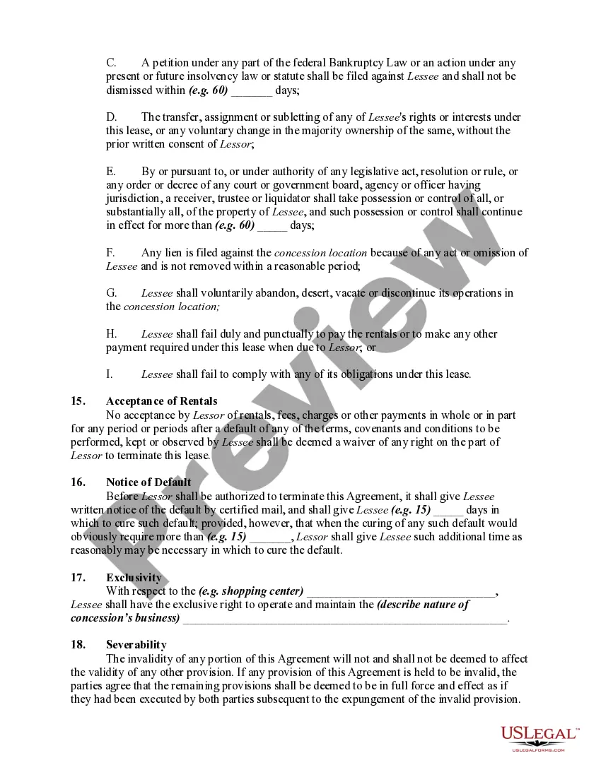 Preview Lease of Space or Booth to Sell and Concessions