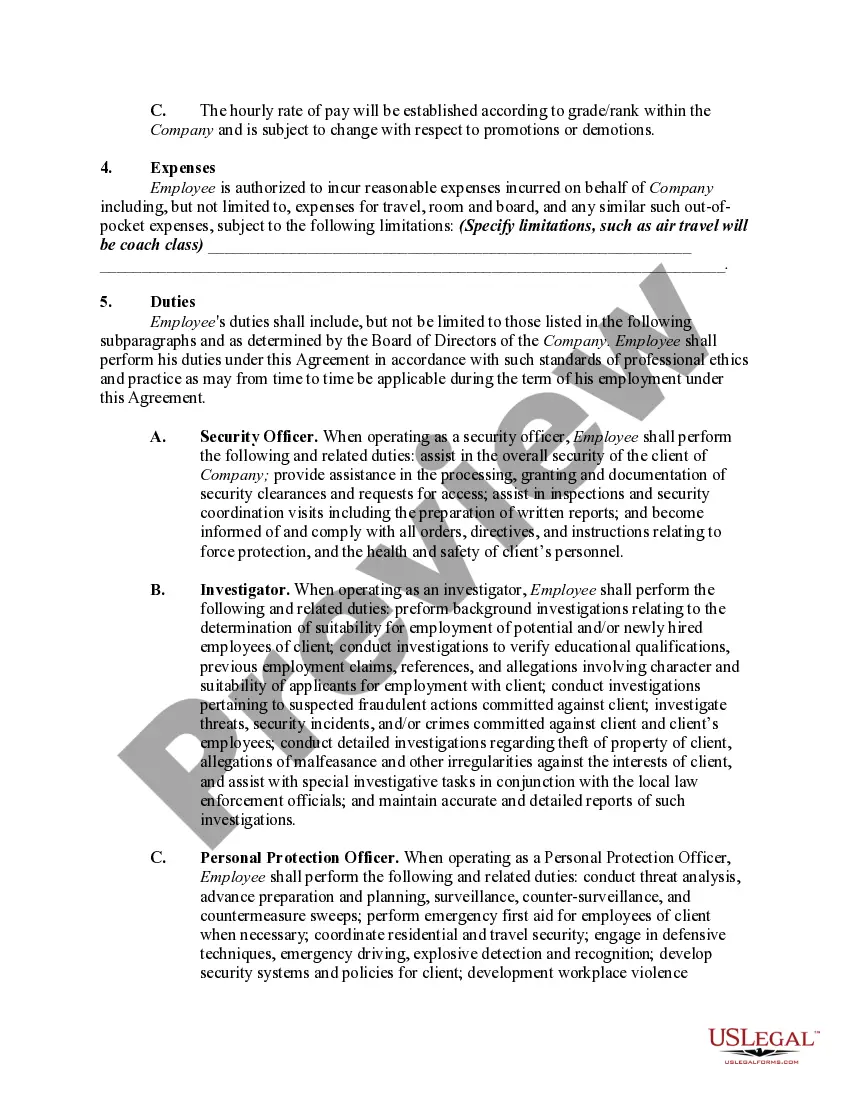 Preview Employment Agreement with a Security, Investigator, Personal Protection, and/or Overseas Force Protection Officer
