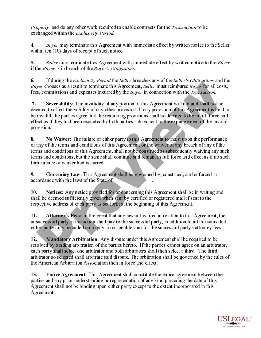 Preview Exclusivity Agreement Between Buyer and Seller