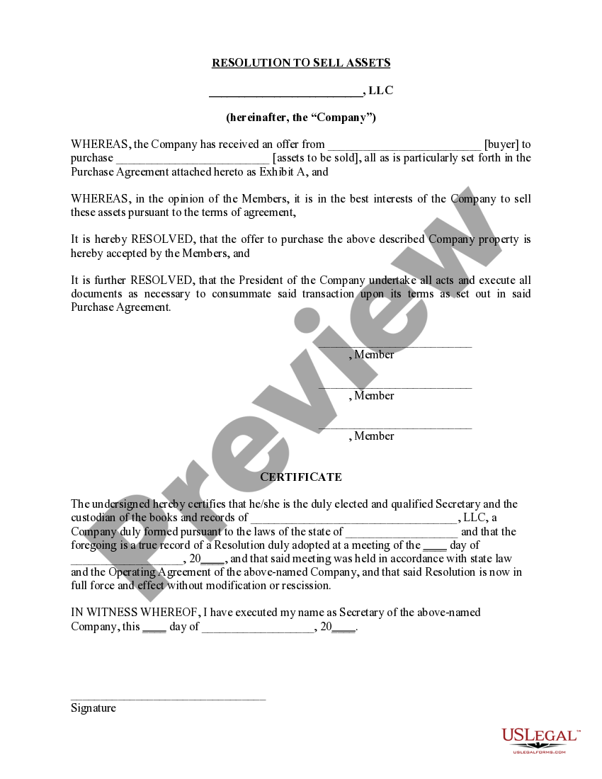 Resolution of Meeting of LLC Members to Sell Assets - Sell Assets | US ...
