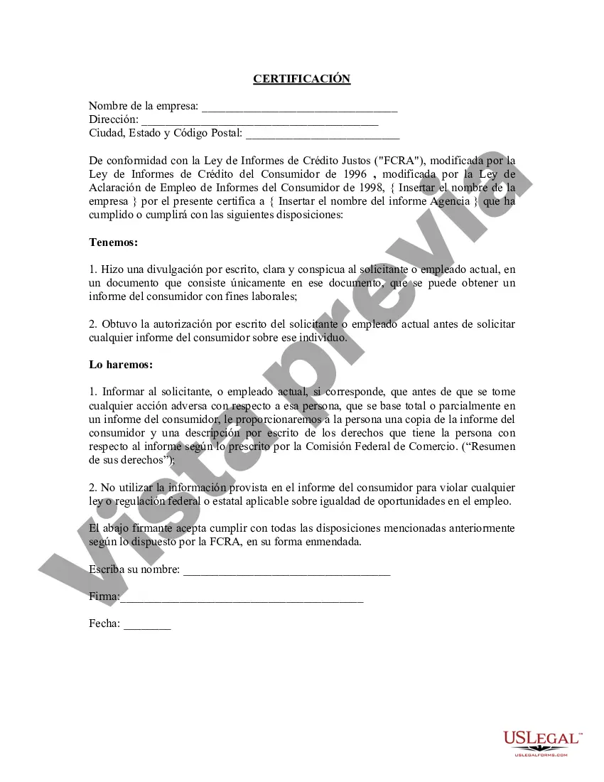 Preview Carta de certificación de la FCRA a la agencia de informes del consumidor