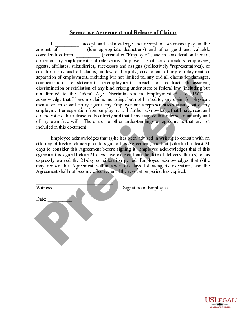 Washington Severance Agreement and Release of Claims Discrimination