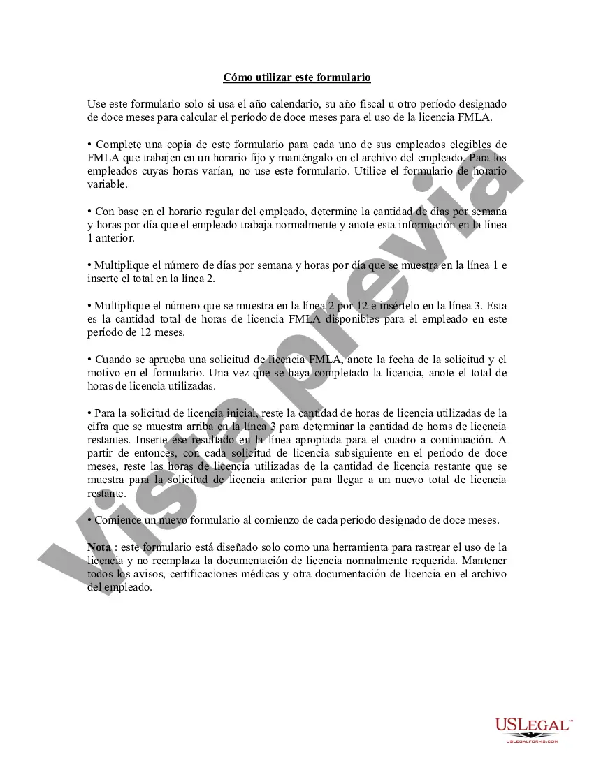 Preview Formulario de seguimiento de FMLA - Calendario - Método de año fiscal - Empleados con horario establecido