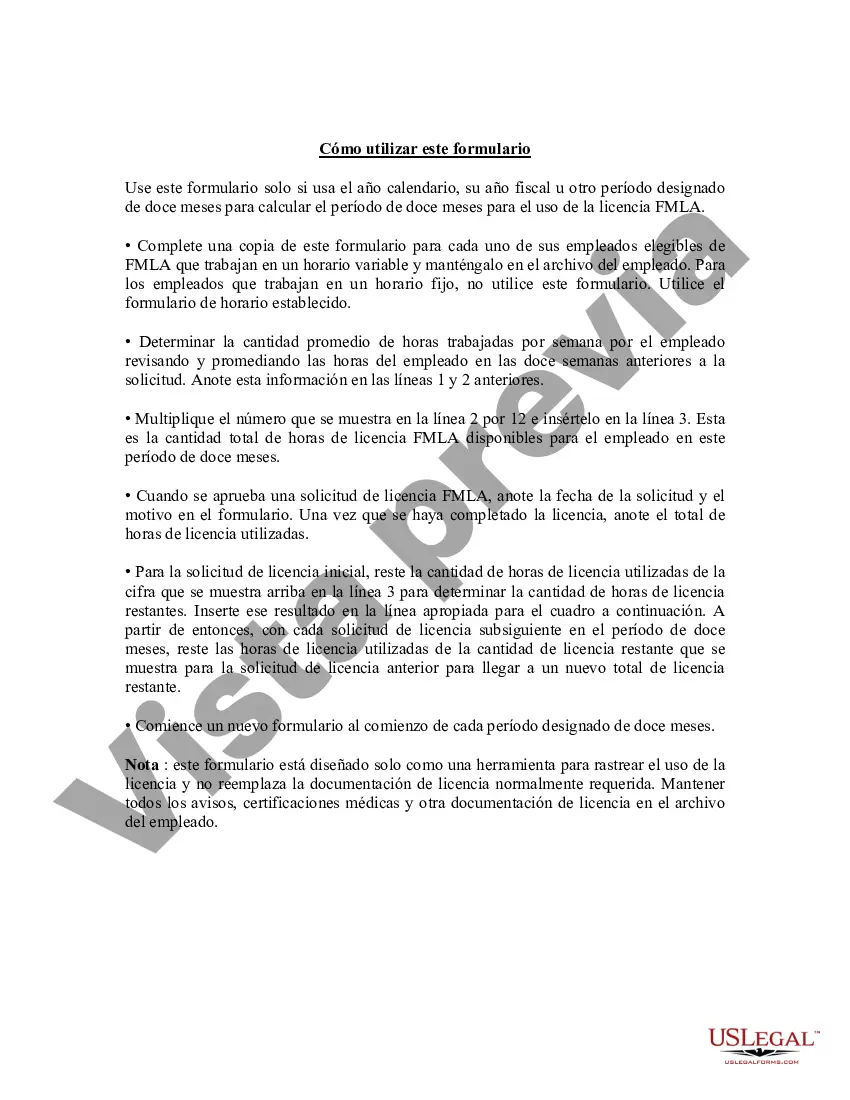 Preview Formulario FMLA Tracker - Calendario - Método del año fiscal - Empleados con horario variable