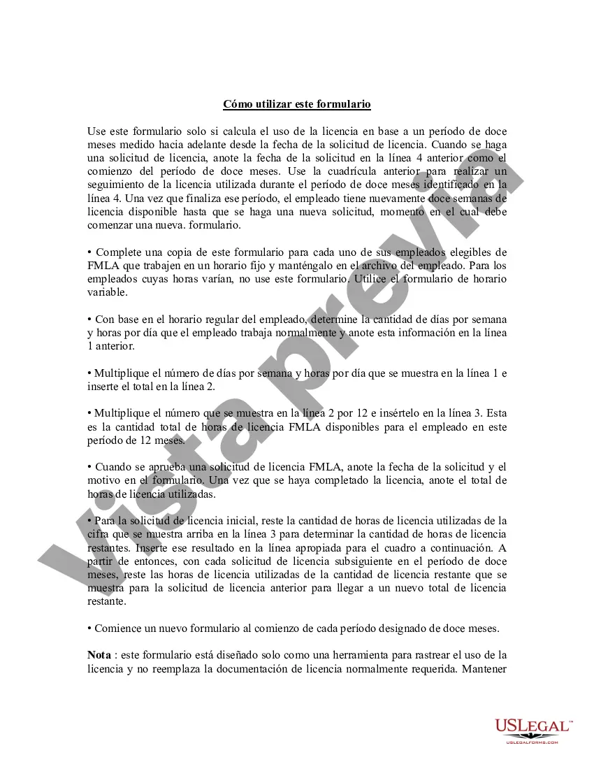 Preview Formulario de seguimiento de FMLA - Año medido desde la fecha de solicitud - Empleados con horario establecido