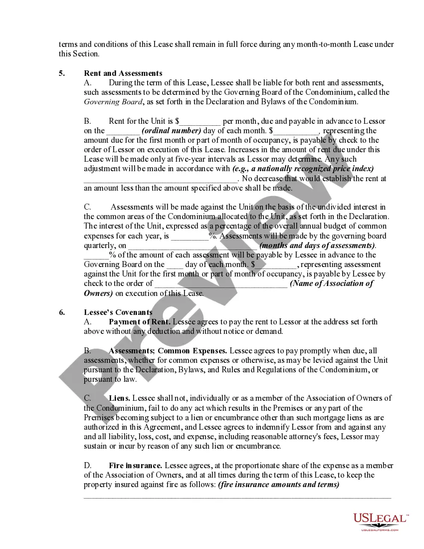 Preview Lease or Rental of Condominium Unit