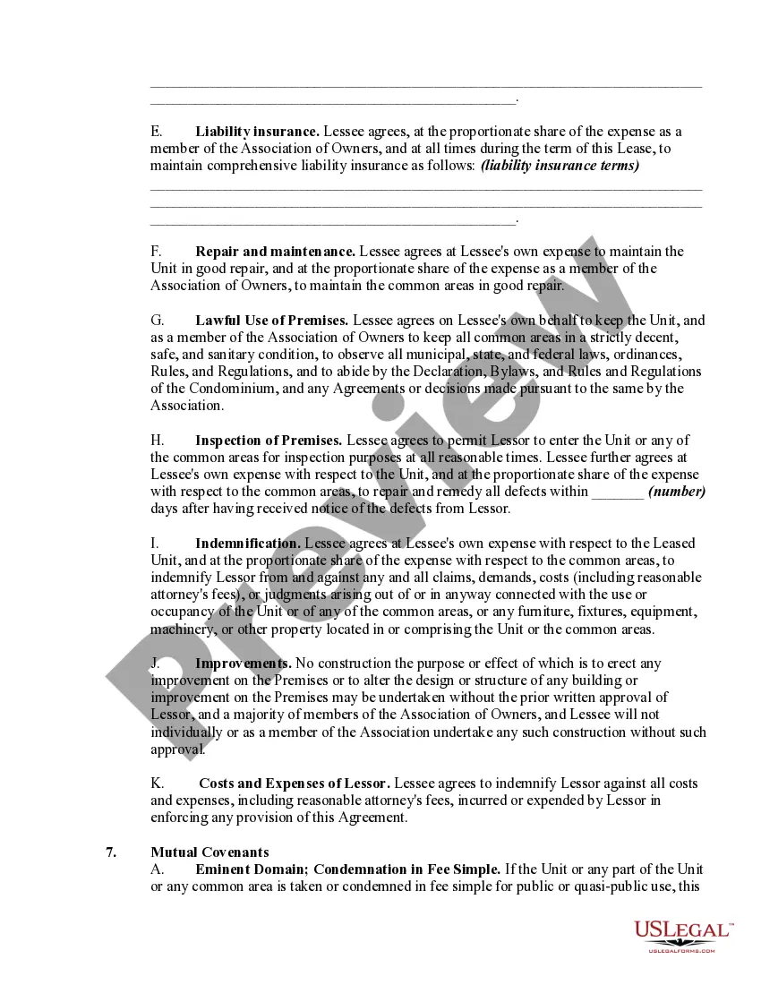 Preview Lease or Rental of Condominium Unit