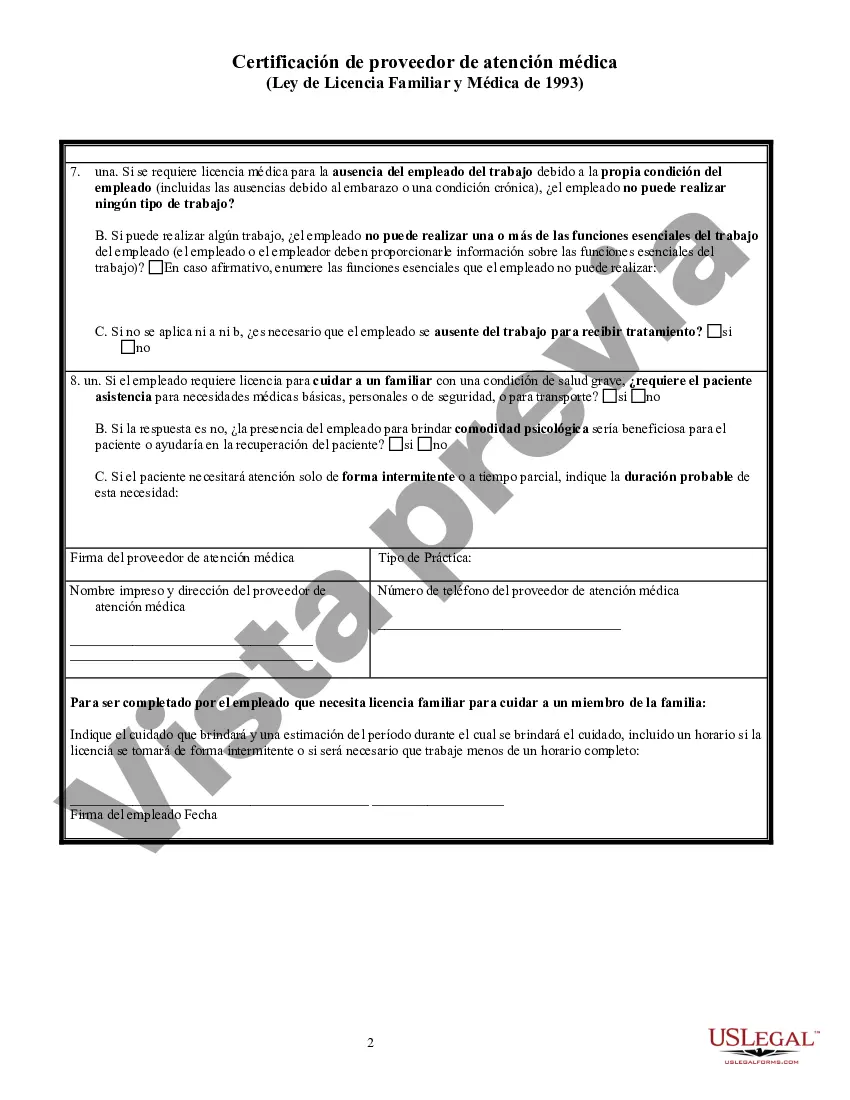 Preview Certificación de Proveedor de Atención Médica bajo la FMLA de 1993