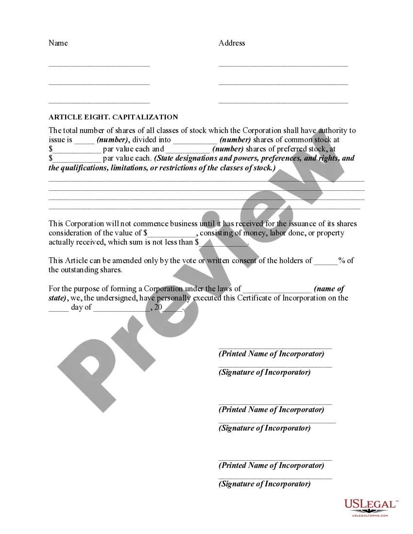 Preview Certificate of Incorporation -- General Form