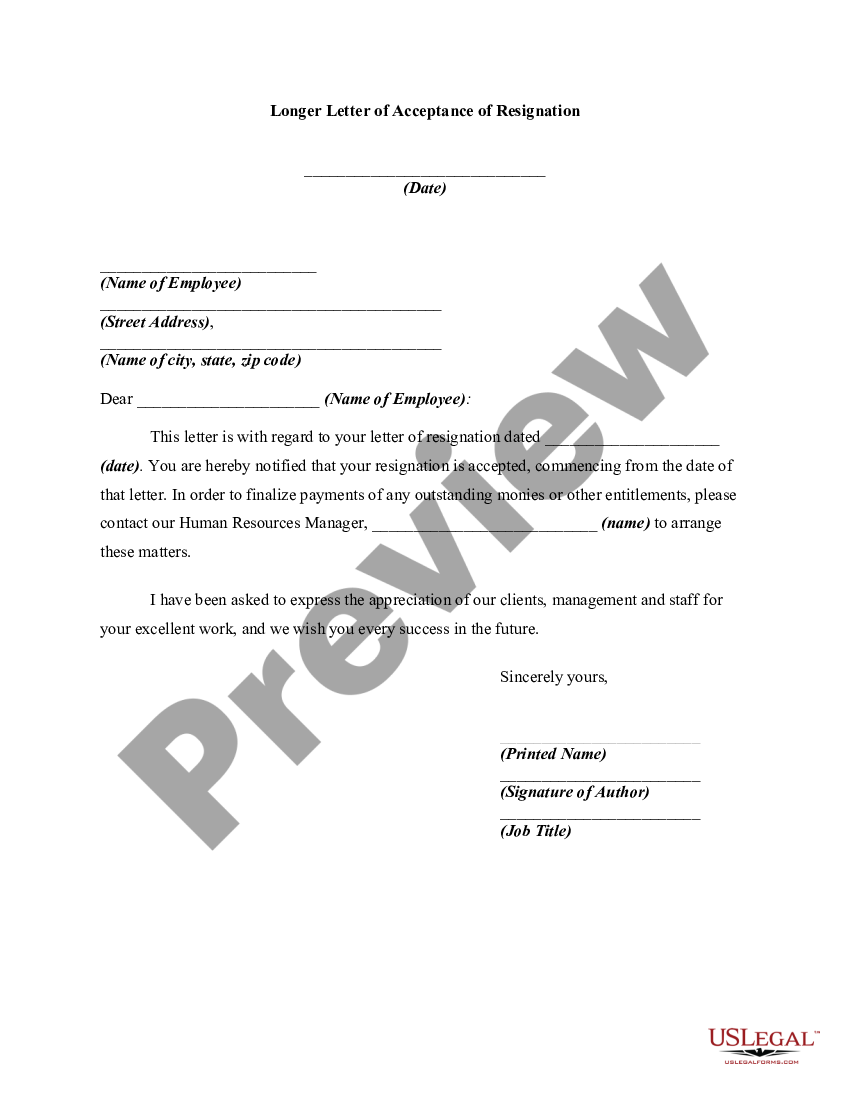 Longer Letter of Acceptance of Resignation | US Legal Forms