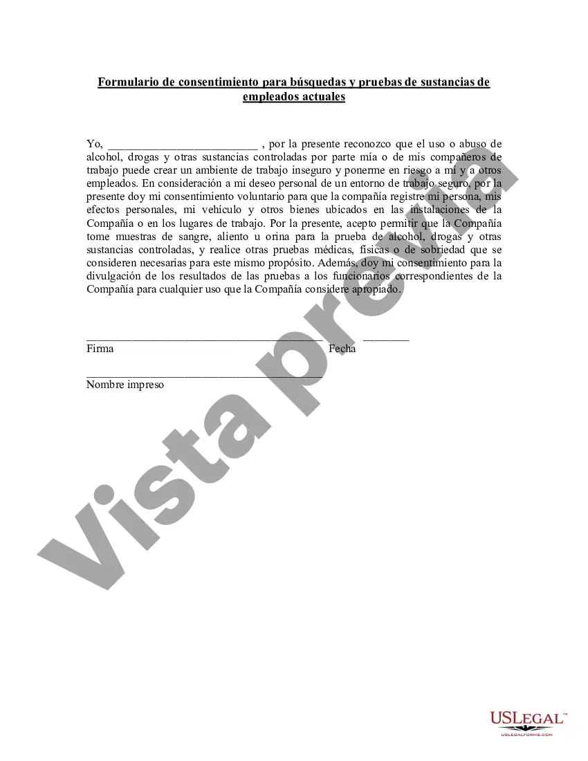 Preview Formulario de Consentimiento para Registros de Sustancias en Vehículos y Efectos Personales y para Pruebas de Empleados