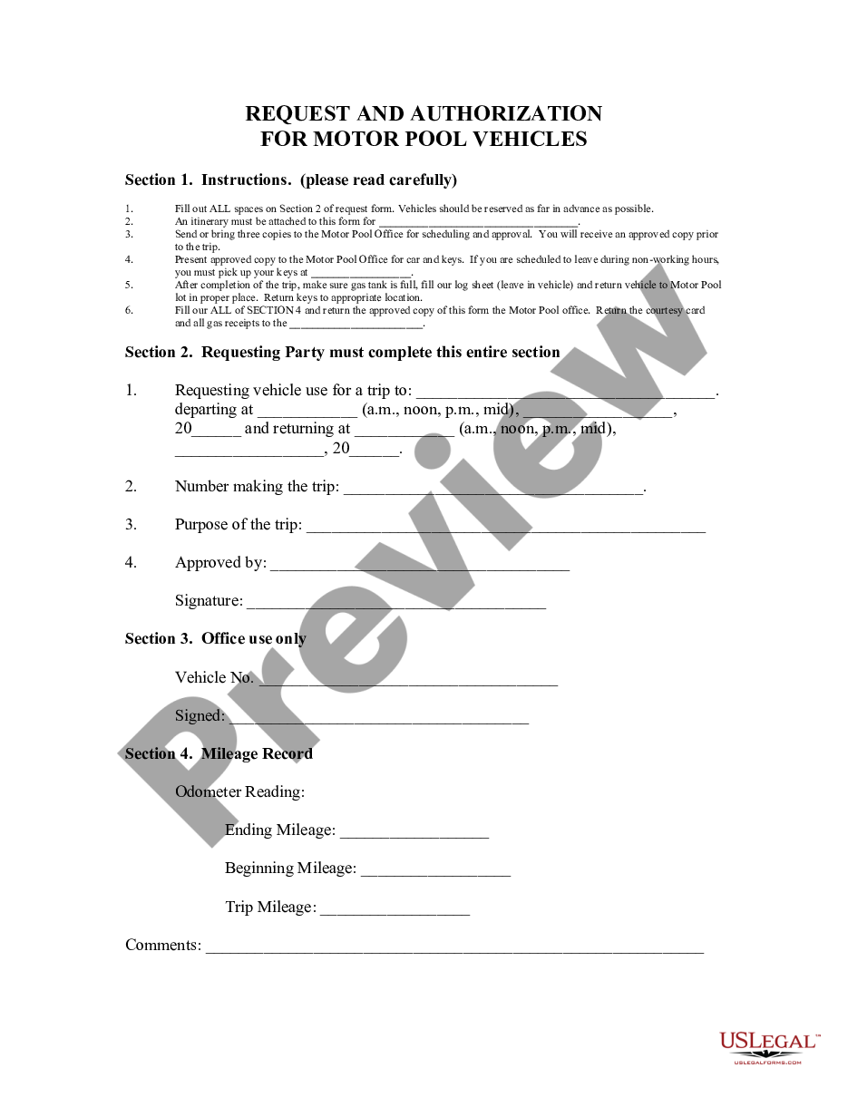 form Motor Vehicle Pool Use of Vehicle Authorization preview
