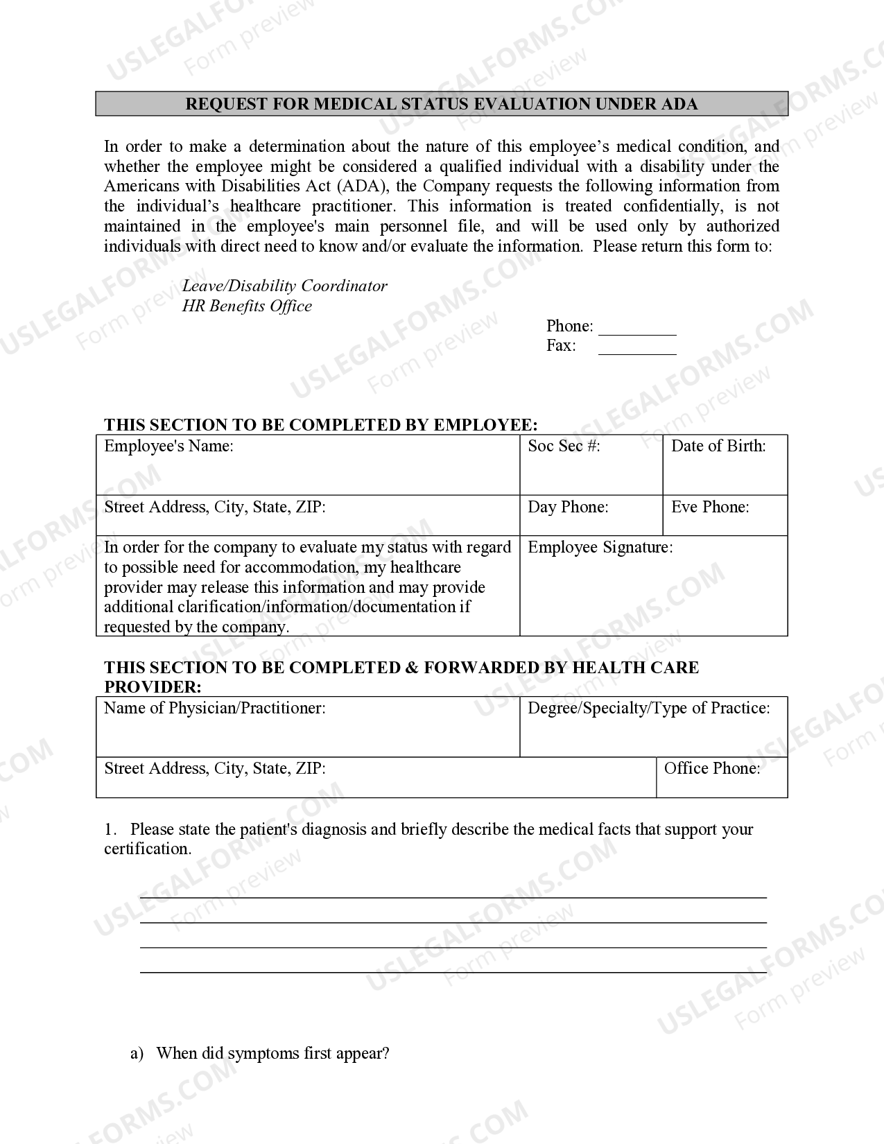 Texas Request for Medical Status Evaluation Under ADA Under Ada US