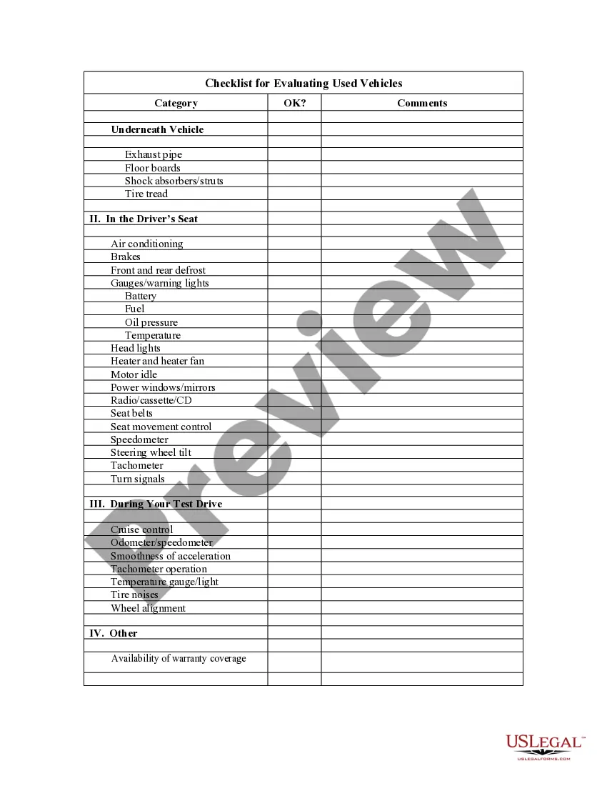 Get Checklist for Evaluating Used Vehicles Preview Checklist for Evaluating Used Vehicles