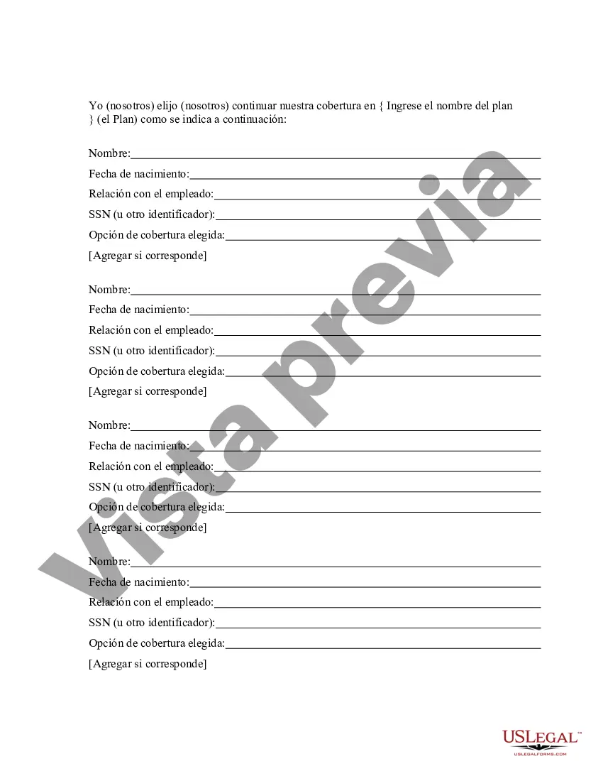 Preview Formulario de elección de continuación de cobertura COBRA