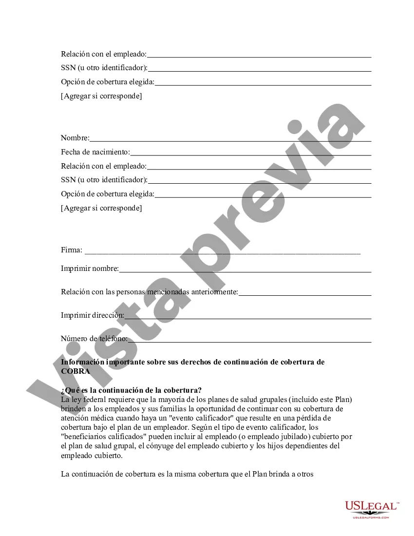 Preview Aviso de elección de continuación de cobertura de COBRA