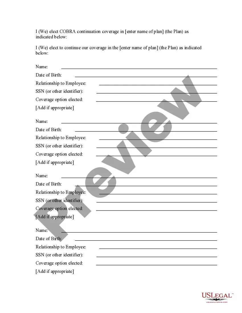 Get COBRA Continuation Coverage Election Notice Preview COBRA Continuation Coverage Election Notice