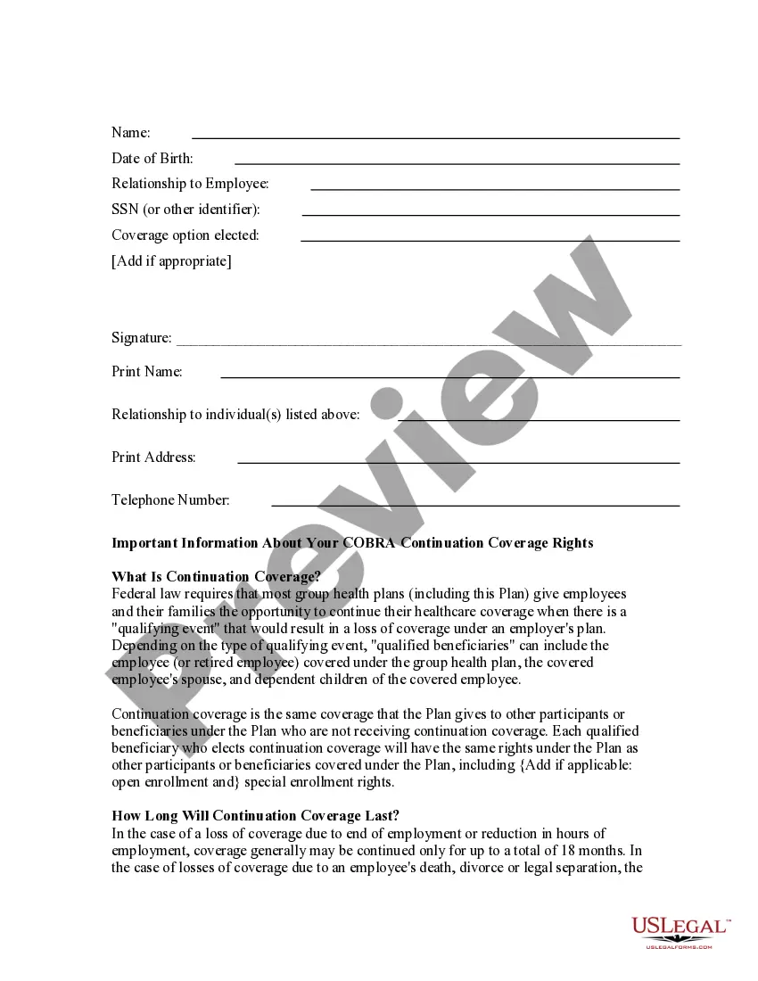 Get COBRA Continuation Coverage Election Notice Preview COBRA Continuation Coverage Election Notice