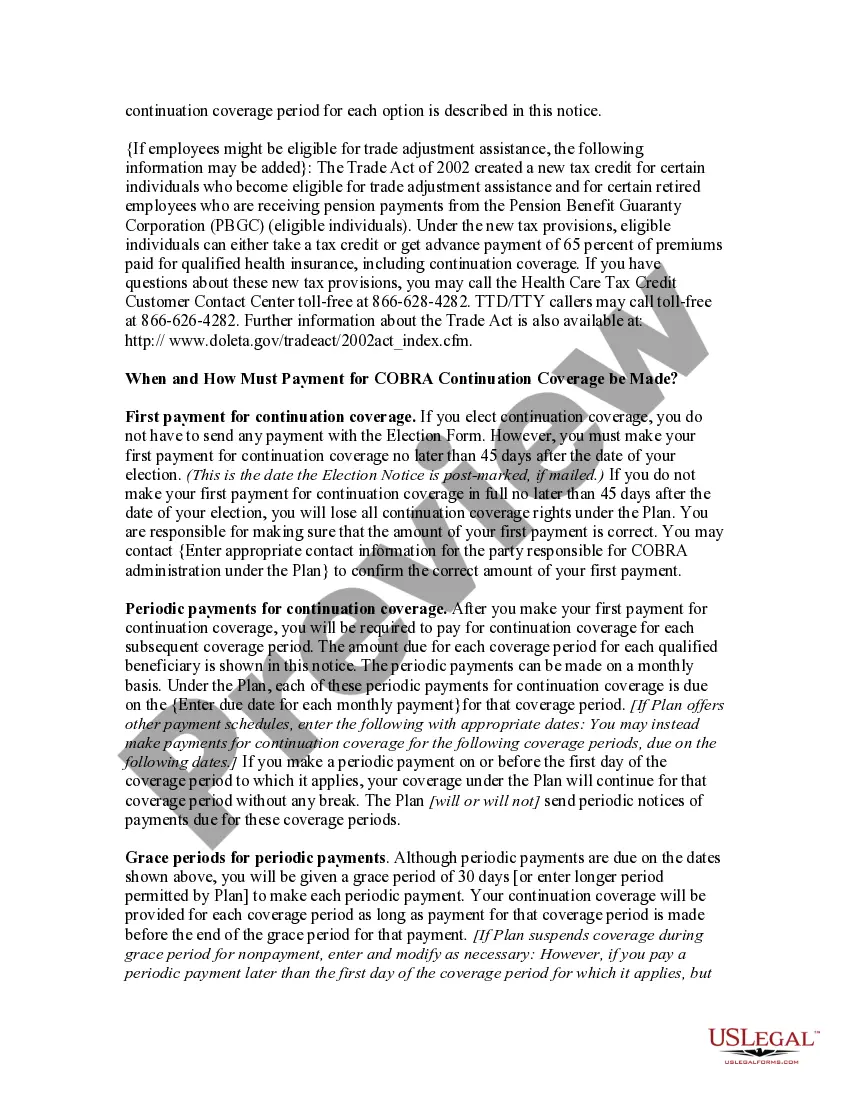 Get COBRA Continuation Coverage Election Notice Preview COBRA Continuation Coverage Election Notice
