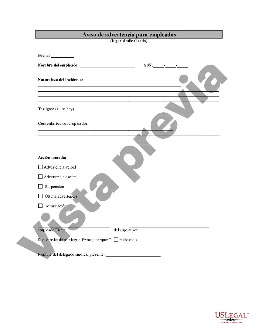 Preview Aviso de advertencia para empleados: ubicación sindicalizada