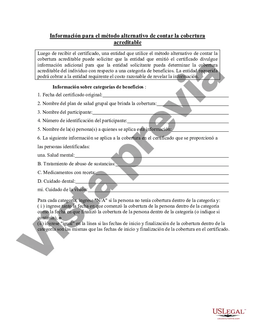 Preview Información para el método alternativo de contar la cobertura acreditable