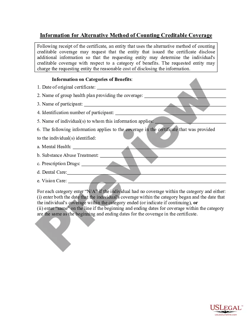 Preview Information for Alternative Method of Counting Creditable Coverage