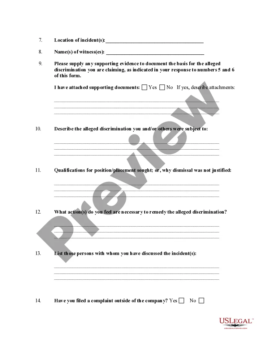 Get Discrimination Complaint Form for Employee to Employer Company Preview Discrimination Complaint Form for Employee to Employer Company