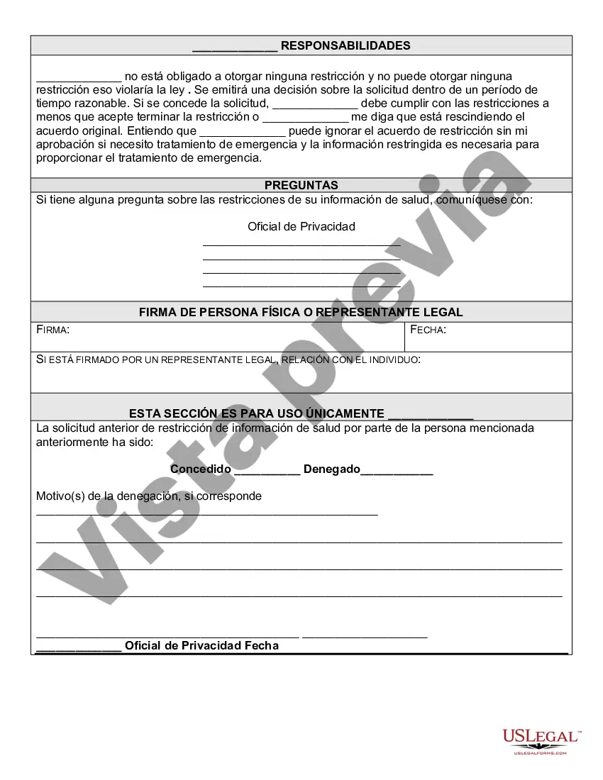 Preview Solicitud de Restricciones de Usos y Divulgaciones de Información de Salud Protegida