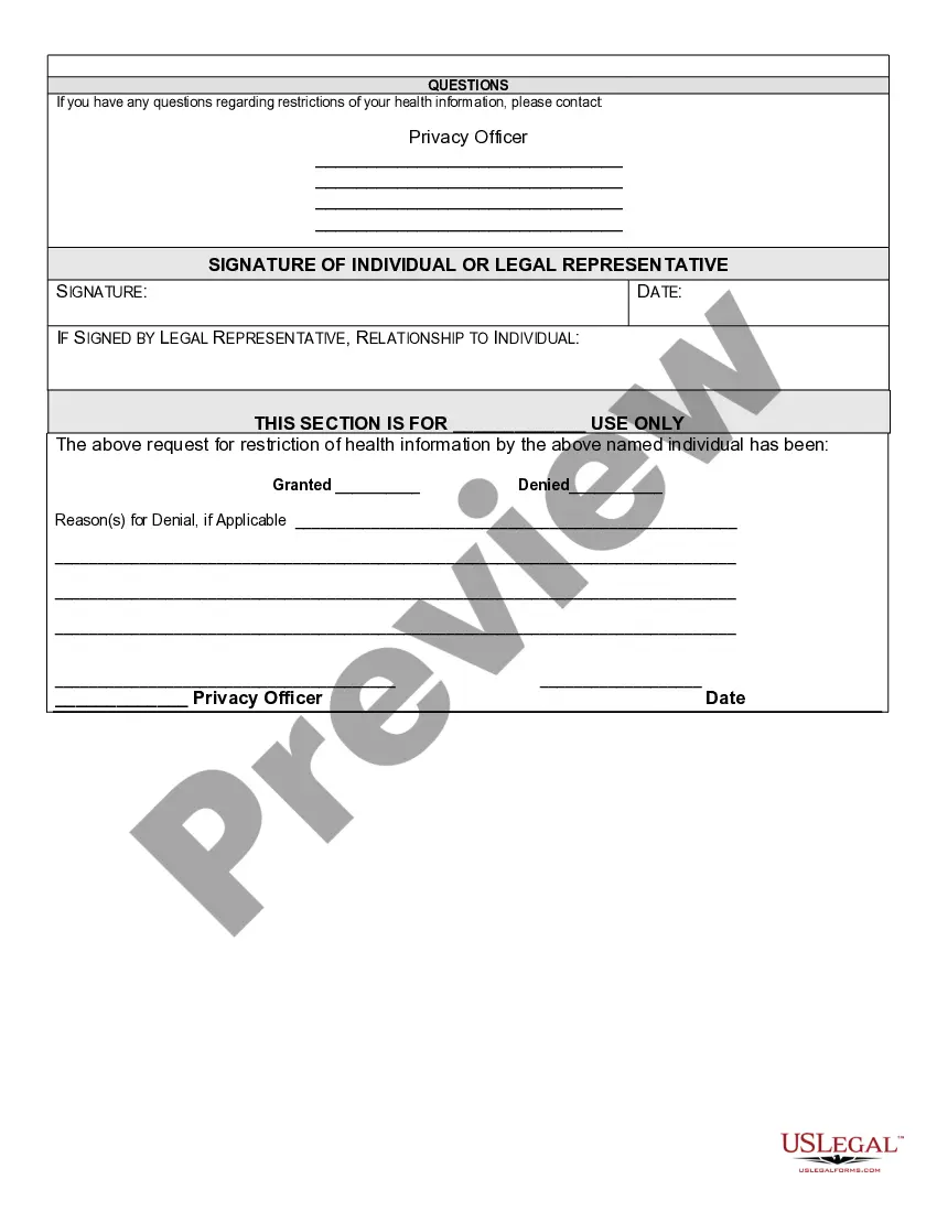 Get Request for Restrictions on Uses and Disclosures of Protected Health Information Preview Request for Restrictions on Uses and Disclosures of Protected Health Information