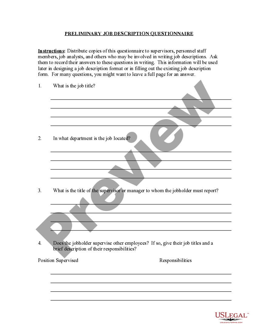 Utah Preliminary Job Description Questionnaire US Legal Forms