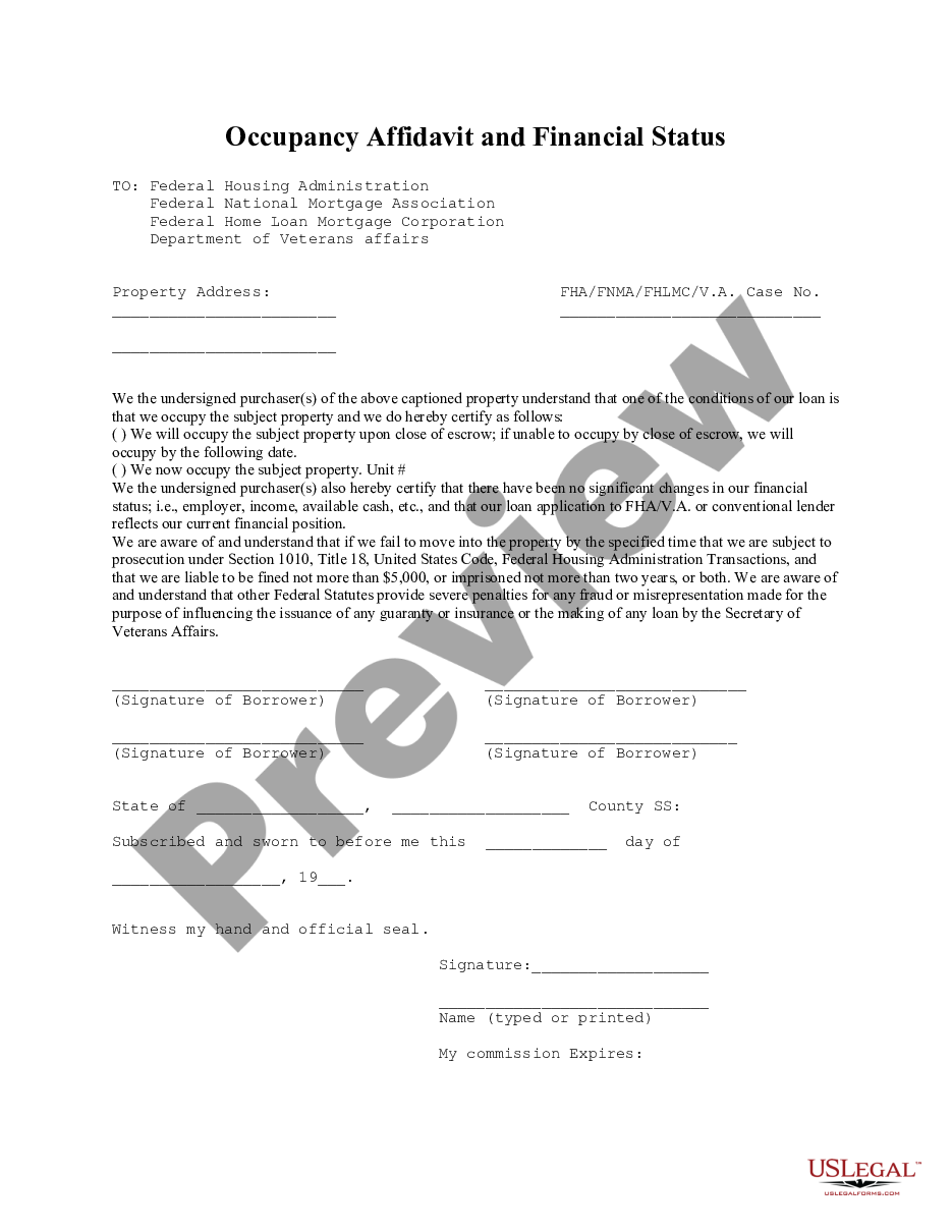form Occupancy Affidavit and Financial Status preview