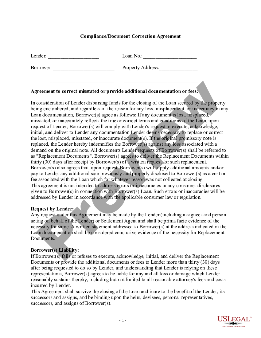 Compliance Document Correction Agreement Compliance Agreement Statement Us Legal Forms 4609