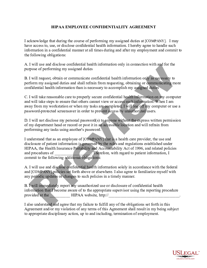 Hipaa Employee Confidentiality Agreement Us Legal Forms 1728