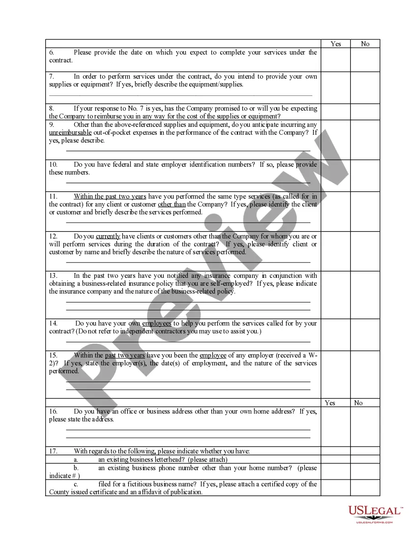 Get Self-Employed Independent Contractor Questionnaire Preview Self-Employed Independent Contractor Questionnaire